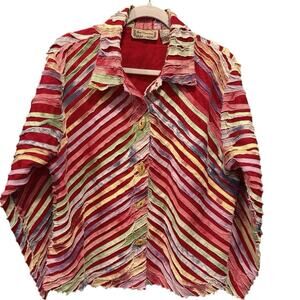 Vintage Button Down‎ Shirt Jacket  Large Colorful Artsy Rainbow Tie Dye Collared